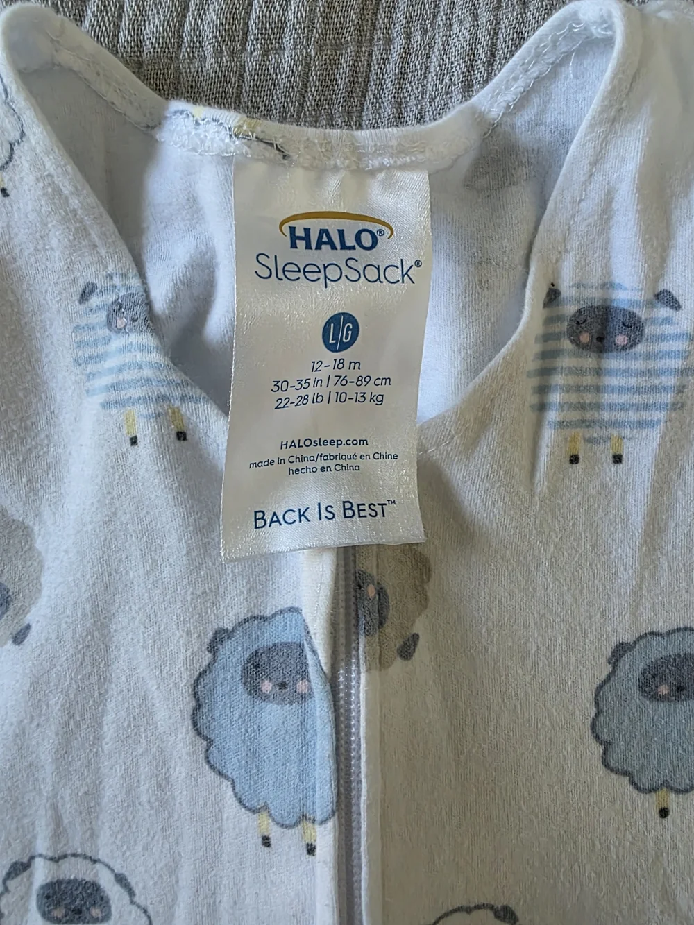 Halo Baby Sleepsack in White with Blue and Gray Sheep